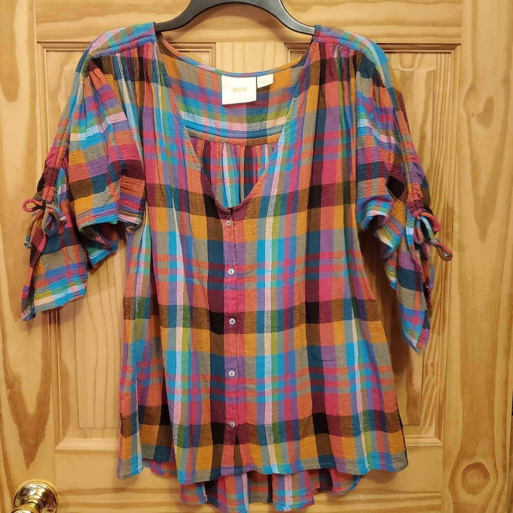 Mauve By Anthropologie Amelia Madras Button Blouse Shirt Top Small